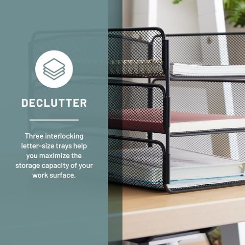 Safco Onyx Desk Organizer, 3 Trays, Office and Classroom Mailbox, Paper and Mail Sorter, Steel Mesh, Black