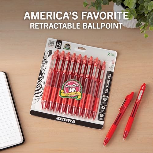 Zebra Pen Z-Grip Retractable Ballpoint Pen, Red Ink, 1.0mm, 18-Pack