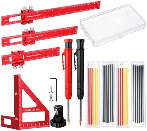 Relaxweex 32 Pack Woodworking Ruler Precision Metal Slide Rule 3D Multi-Angle Measuring Ruler Miter Triangle Rule and Mechanical Carpenter Pencils with Sharpener for Carpenters Craftsmen Builders