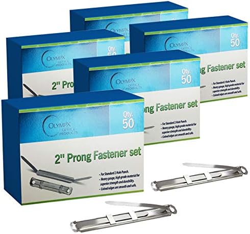 Prong Paper Fasteners 2" Capacity, 250 Complete Sets, Heavy Duty Steel with Compressor, Standard 2-Hole Punch, 2.75" Base for File Folders, Folder Clips, 5 Boxes (50 Each), Made in USA - OLYMPX