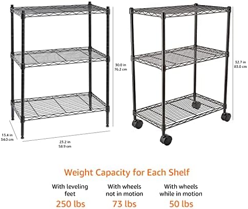Amazon Basics 3-Shelf Adjustable Heavy Duty Storage Shelving Unit on 2" Wheels, Metal Wire Rack for Garage, Utility Shelving with Leveling Feet, 23.2"L x 13.4"W x 32.75"H, Black