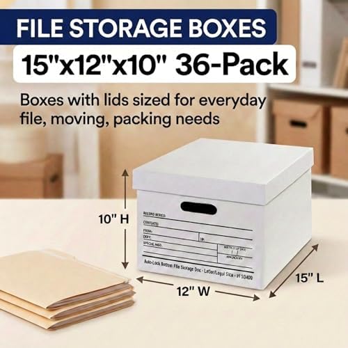BOX USA File Boxes with Lids and Handles (36-Pack) - File Storage Boxes for Office Supplies, Book Storage, Moving, and Packaging, Fits Letter and Legal Paper, Removable Lid