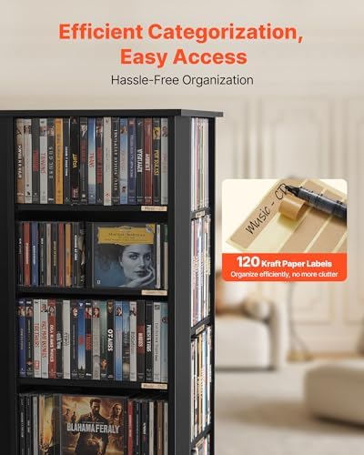 VEVOR Media Storage Cabinet, CD Rack Tower, 34 Compartments Rotating Media Tower Rack for CDs, DVDs, Books and Game Discs, DVD Stand for Living Room, Home Office and Recording Room, Black