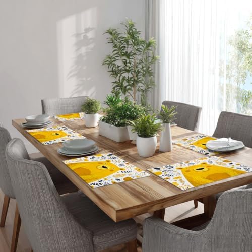 Batmerry Cute The Bear in Mineral Yellow Placemats, Floral Background Washable Linen Table Mats for Kitchen Table Double Insulation Decor Dining Set Indoor Outdoor 12X18 in Set of 8