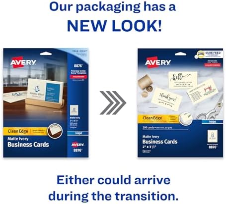 Avery® Clean Edge® Printable Business Cards, Sure Feed® Technology, 2" x 3.5", Ivory, 200 Blank Cards for Inkjet Printers (08876)