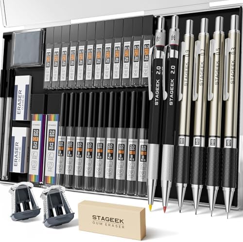 STAGEEK 37PCS Mechanical Pencil Set with Case, 0.3, 0.5, 0.7, 0.9 ＆2PCS 2mm | Drawing Pencils with 492PCS Lead Refills (6B 4B 2B HB 2H 4H Color), Erasers, Sharpeners, Artist Pencil for Sketching Drafting