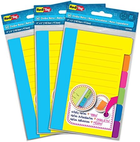Redi-Tag Divider Sticky Notes, Tabbed Self-Stick Lined Notepads, 180 Ruled Notes, 4" x 6", 3 Books Per Pack, Assorted Colors (B10245)