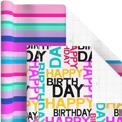 Hallmark Birthday Wrapping Paper Rolls, 6 Rolls (Flowers, Stripes, Dots)