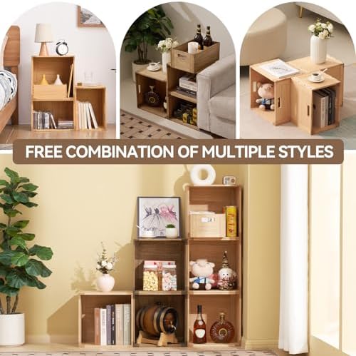 KIRIGEN Stackable Wood Storage Cube with Handles, Open Crate Bin, Natrual