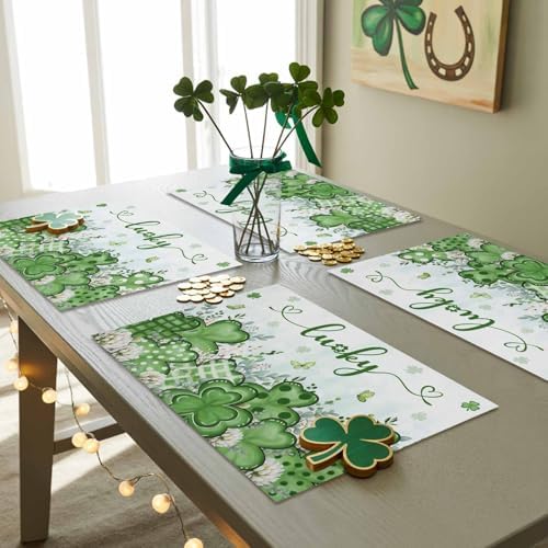 St. Patrick's Day Placemats Set of 6, Lucky Clovers Place Mats Washable Dining Table Mats Spring Holiday Party Decor for Kitchen&Linens Outdoor Indoor, Blue Green Shamrock Leaves