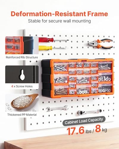 VEVOR 22-Drawer Storage Organizer, Plastic, Drawer Storage Cabinet for Garage Organization, Stackable Small Parts Organizer, Wall-Mounted Toolbox, for Hardware, Beads, Screws, Crafts, Building Bricks