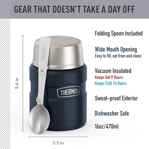 THERMOS Stainless King Vacuum-Insulated Food Jar with Spoon, 16 Ounce, Matte Mid Blue