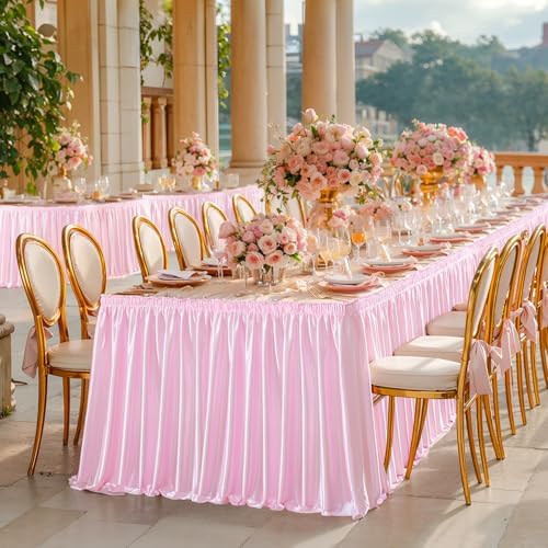 Wish Care 21ft Pink Satin Long Table Skirt for Rectangle Tables Wrinkle Free Teacher Desk Skirt Glitter Ruffle Table Skirting Cloth for Back to School Classroom Office Girls Birthday Party Table Decor