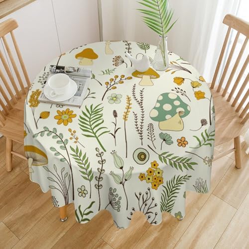 Wild Mushroom Tablecloth, Vintage Botanical Rustic Wildflower Herbs Plants Green Mushroom Table Cloth for Farmhouse Kitchen Dinning Room Picnic Parties Home Decor, 60x60in
