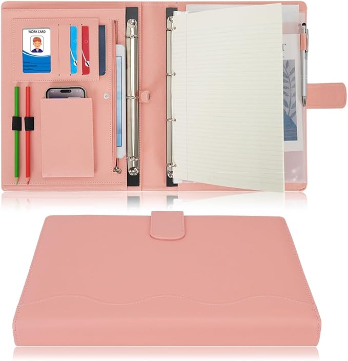 Wonderpool A4 PU Leather Ring Holder Writing Portfolio Multi Document Case with Removable Binder Clipboard and Functional Pocket for Organizer Office Travel School (Pink)