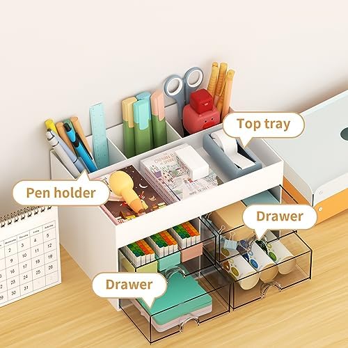 Marbrasse Pen Organizer with 4 Drawer, Multi-Functional Pencil Holder for Desk, Desk Organizers and Accessories with 4 Compartments + Drawer for Office Art Supplies (White)