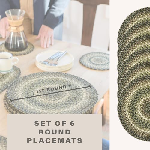 Homespice Pinecone Braided Placemats for Rustic Decor, Round 15" Set of 6