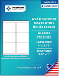 Premium Label Supply Waterproof Matte White Sticker Labels – 4" x 3.33" – Inkjet Printers Only – (6 per Sheet), 500 Sheets - 3,000 Total Adhesive Labels