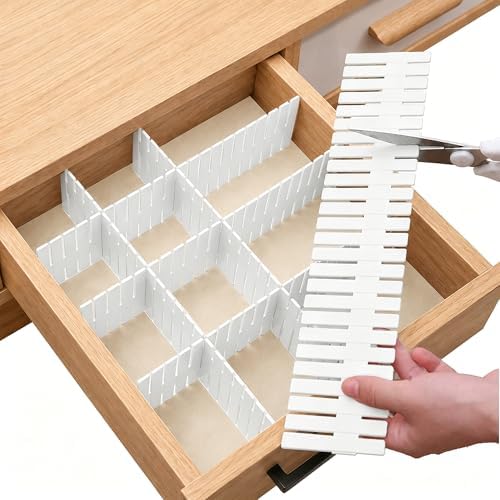 Drawer Divider Adjustable Diy Storage Organizer Separator for Tidying Clutter Cutlery Makeup Clothes of Dresses, Desk & Box in Kitchen Bathroom Bedroom Office (Cut at Will) (White 32PCS)
