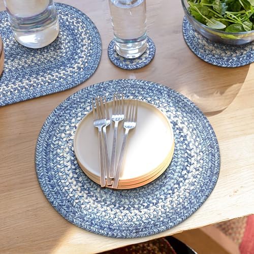Homespice Denim Braided Placemats for Coastal Decor, Round 15" Set of 6