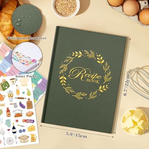 Lanpn A5 Blank Recipe Book Cookbook to Write in Your Own Recipes, Leather Cover Waterproof Empty Cooking Journal for 70 Recipes, Recipe Notebook with Stickers to Organize Your Family Recipes, Green