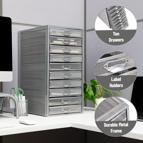 Mind Reader 10-Drawer Desk Organizer for Office Supplies, Crafts, Mail Sorting & More, Metal Mesh, Silver