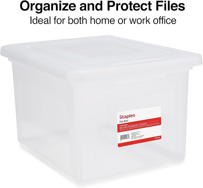 Staples Hanging File Folder Box, Storage Bin Organizer, Snap Lid, Clear | Fits letter and legal size documents. Stackable design keeps files secure and visible.