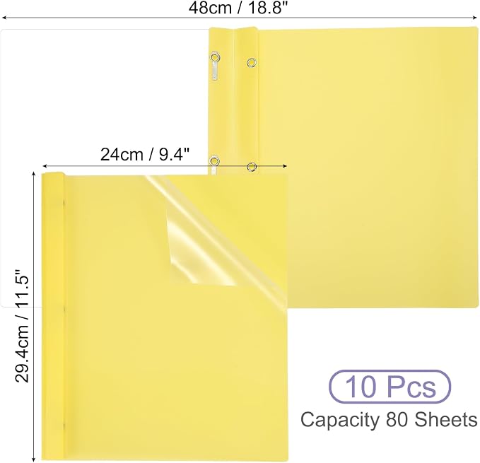 PATIKIL Plastic Report Covers with Prong, 10 Pcs 80 Sheet Clear Front Presentation Binders with 3 Metal Prong Fasteners Report Folder for Resume Documents Files Letter, Yellow