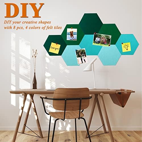 8Pcs Hexagon Felt Cork Board Tiles, Self Adhesive DIY Bulletin Board Pin Board for Office School Home Wall Decor Stickers Memos Photos Display (Gradual Green)