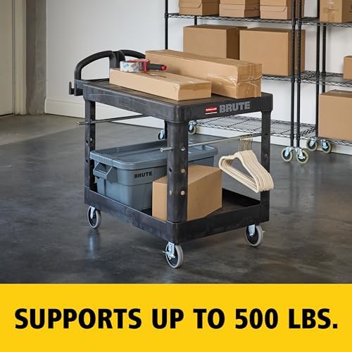 Rubbermaid Commercial Products 2-Shelf Utility/Service Cart, Medium, Flat Shelves, Ergonomic Handle, 500 lbs. Capacity, Ideal for Warehouse/Garage/Cleaning/Manufacturing