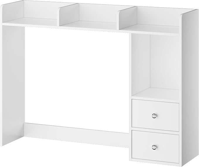 ChooChoo Desktop Bookshelf with LED Lights and 4 Shelves | 36.6", 2 Drawers, Fits 27" Monitor, Desk Organizer Shelf, Dorm Office Home, White