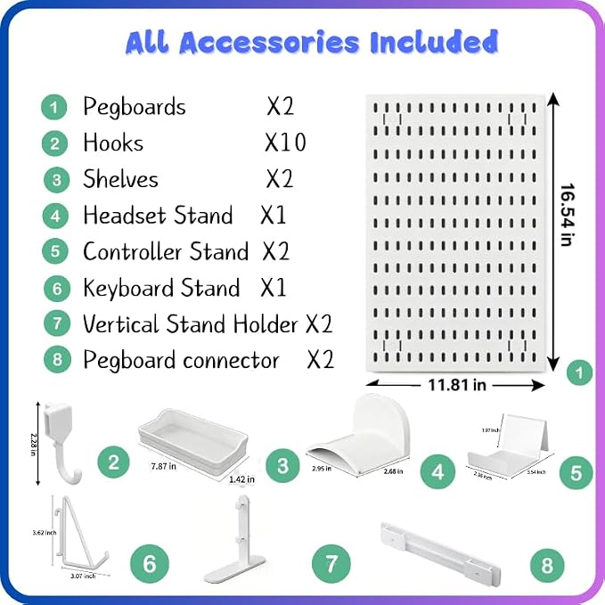 Gaming Desk Organizer, No-Drill Freestanding Desk Pegboard with Headphone Stand, Controller Holder, Keyboard Stand & Shelves, 5-in-1 Gaming Setup Accessories for Dorm Room & Home Office, White