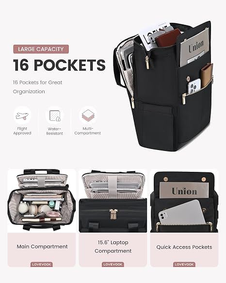 LOVEVOOK Laptop Backpack for Women with Giant Tumbler Holder, 15.6 Inch Work Laptop Bag with USB Port, Fashion Teacher Nurse Backpack Purse, Waterproof Travel Computer Backpack, 2PCS, Black