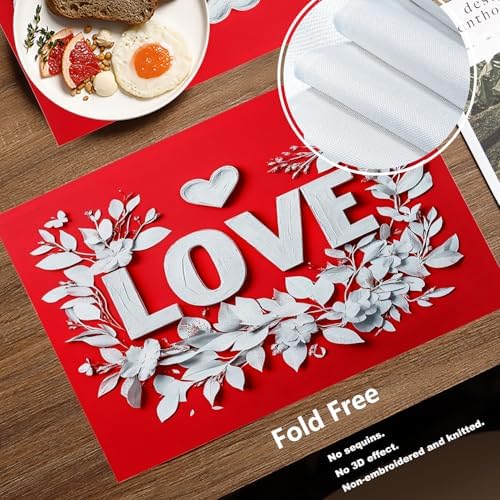 Batmerry Love Heart Linen Placemats Set of 4, Red Background with White Love Letters Washable Table Mats for Kitchen Table Thickened Heat Insulation Dining Set Indoor Outdoor 12X18 in