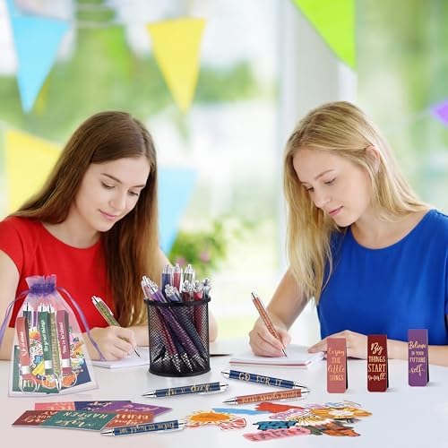 Pasimy 218 Pcs Inspirational Stationery Gifts Motivational Mini Notepad Pen Quote Bookmarks Stress Relief Stickers Inspiring Silicone Keychains for Home Office Appreciation Gift(Bright)