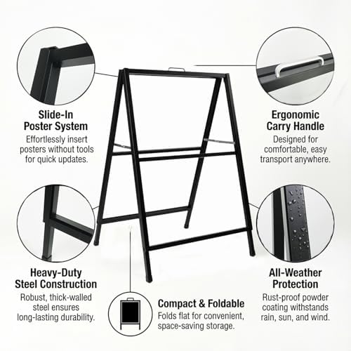 Heavy Duty A Frame Sign 24x36 inch - Double Sided Slide-in Metal Sandwich Board for Outdoor Sidewalk Business Advertising, Black Folding Pavement Display Stand, Frame Only