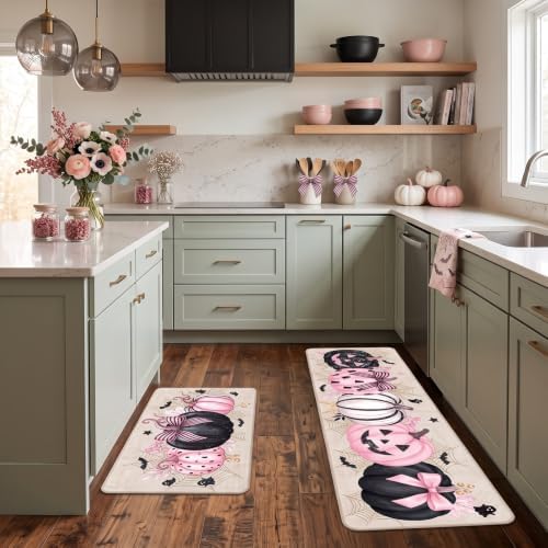 Halloween Kitchen Mats Set of 2, Pink Pumpkin Ghost Kitchen Rugs