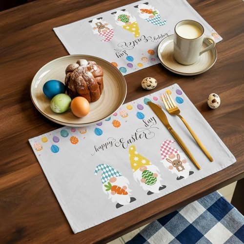 Vandarllin Happy Easter Gnomes Placemats Set of 4,Heat Resistant Cotton Linen,Carrrot Rabbit Bunny Colorful Eggs Table Mats Washable Spring Holidays Placemat Decoration for Home Kitchen Dining Party