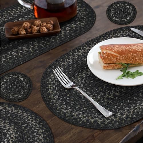 Homespice Jet Black Jute Braided Table Runner, Oval 8x28 Set of 2