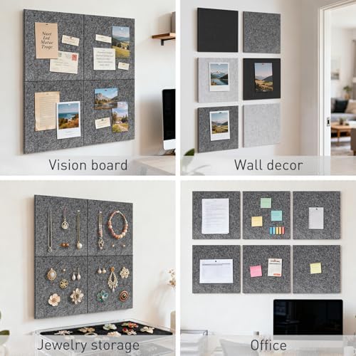 Fabric Bulletin Board 36"x24", 6-Pack Felt Wall Tiles, Gray