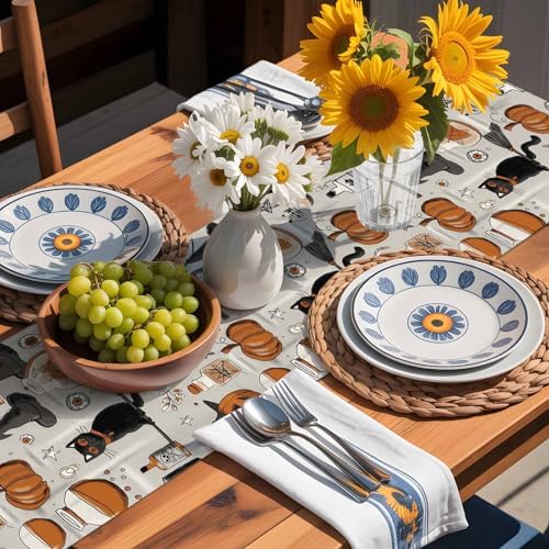 Vintage Style Table Runner Dresser Scarf 13 x 108 Inch Halloween Black Cat Orange Pumpkin Witch Hat Table Runners Non-Slip Heat Resistant Kitchen Dining Table Decor for Home Holidays Indoor Outdoor