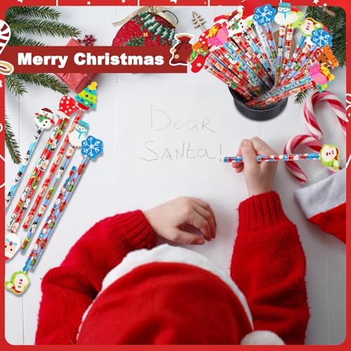 Christmas Pencils with Giant Eraser Assortment Christmas Themed Pencil Wooden Pencils for Christmas Party Supplies Xmas Stocking Stuffers, 12 Style (12)