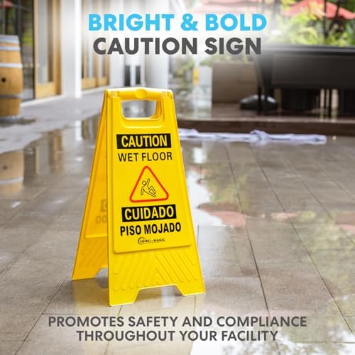 Simpli-Magic Side Press Wringer Combo Commercial Mop Bucket on Wheels, 35 Quart,Yellow, Including Wet Floor Caution Sign and Set, Polyethylene