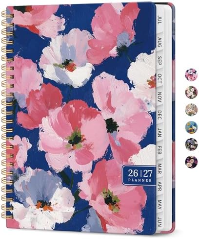 Planner 2026-2027, Monthly & Weekly Jul 2026-Jun 2027 Calendar Book | 6.3" x 8.5", Hardcover Spiral Planner with Tabs, School & Daily Pretty Agenda for Women, Students, Teachers, Floral Canvas