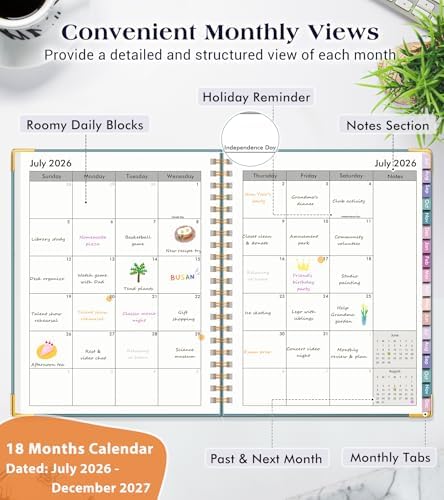 Academic Planner 2026-2027, 18 Months Weekly and Monthly Hardcover Planner, July 2026 - December 2027, 8.5" x 11" A4 Large Daily Calendar Planner Book with Tabs, Spiral College School Agenda Organizer for Student Teacher, Dusty Blue