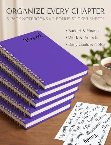 5 Pack Hardcover Spiral Notebooks, 8.3" x 6.3" Lined Journal Set, 100 GSM Bleed-Resistant Paper, 200 Pages Twin-Wire Bound Notebook with Elastic Band & Category Stickers for Office, School