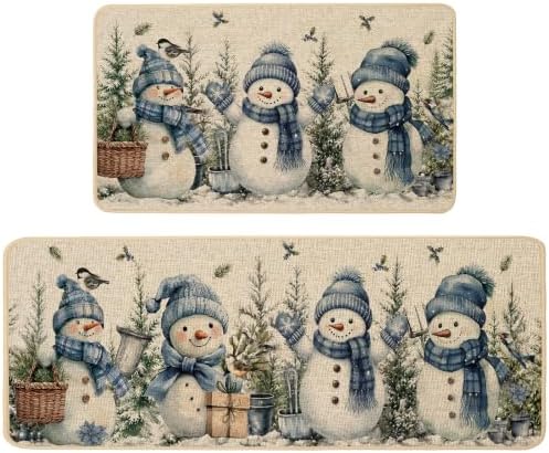 Baccessor Christmas Kitchen Rugs Set of 2 Blue Snowman 17x29 and 17x47 Inch