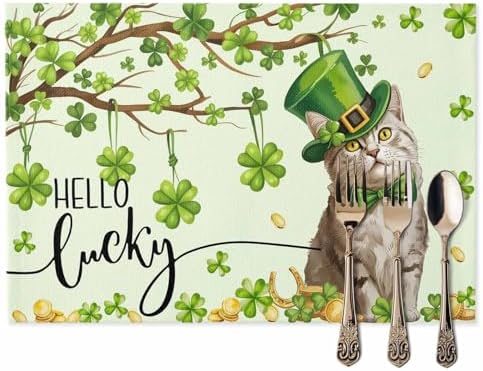Funny Cat Green Shamrock Clover Placemats Set of 6, St. Patrick's Day Top Hat Cotton Linen Table Mats Non-Slip St. Patrick's Day Green Lucky Cat Magic Hat Placemat for Dining Kitchen Table Decor