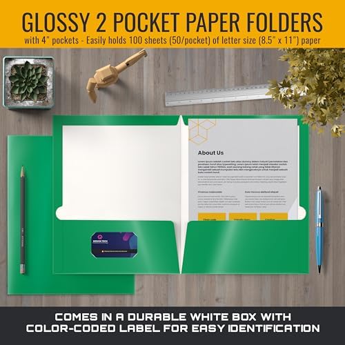 Better Office Products 2 Pocket Glossy Laminated Green Paper Folders, Letter Size, 25 Pack, Green Paper Portfolios, Box of 25