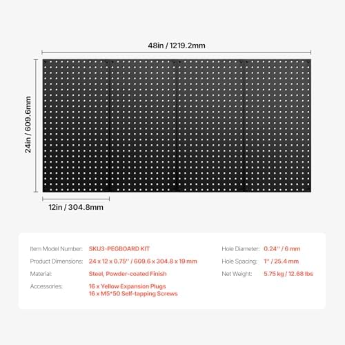 VEVOR Metal Pegboard Panels, 24" x 12" Pegboard, 4 Panels, Heavy Duty Steel Peg Board Wall Organizer, for Living Room Garage Tool Storage Workbench Office Organization Craft Room Kitchen Home, Black